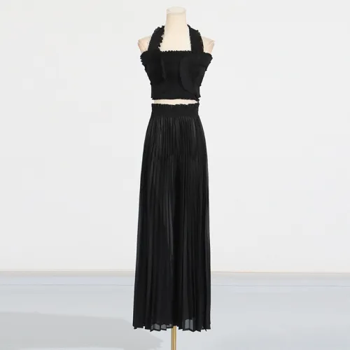 Hanging neck ruffled strapless high waisted pleated wide leg pants