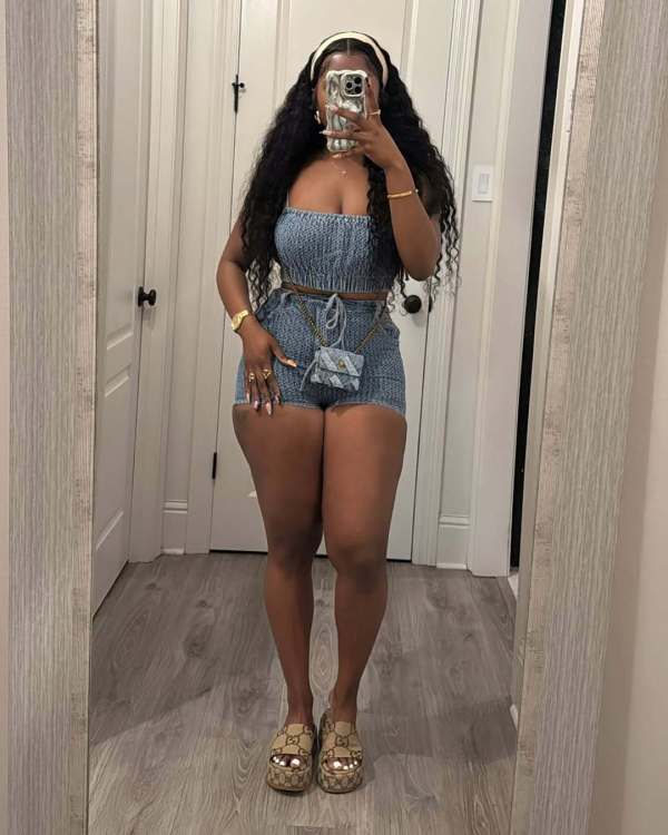 Strapless slim fit elastic denim two-piece set