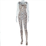 Printed leopard print slim fit hip hugging jumpsuit sleeveless camisole jumpsuit