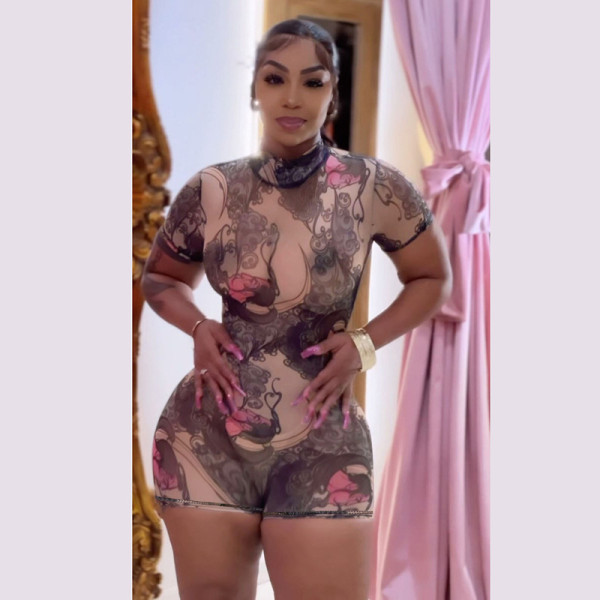 Digital printed mesh high waisted backless jumpsuit