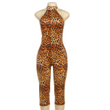 Leopard print tight backless jumpsuit