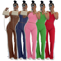 Splicing contrasting color V-neck zipper sleeveless split pants two-piece set