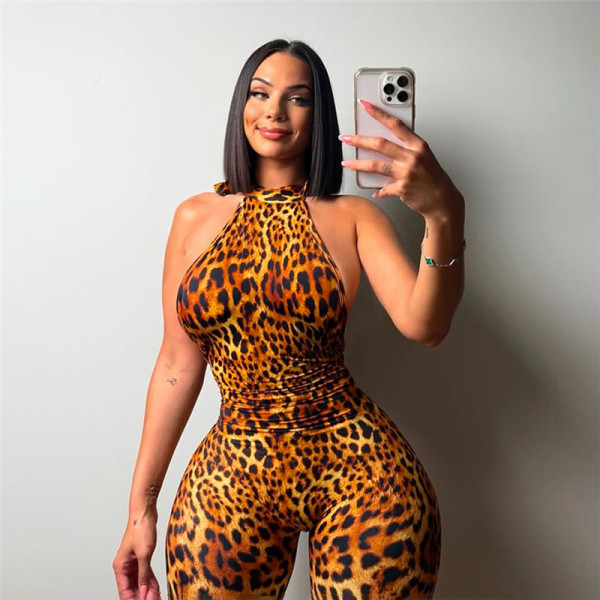 Leopard print tight backless jumpsuit