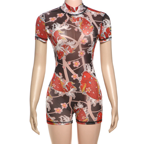 Digital printed mesh high waisted backless jumpsuit