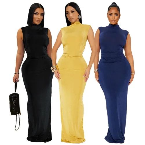 Half high neck pleated sleeveless high stretch long dress