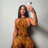 Leopard print tight backless jumpsuit