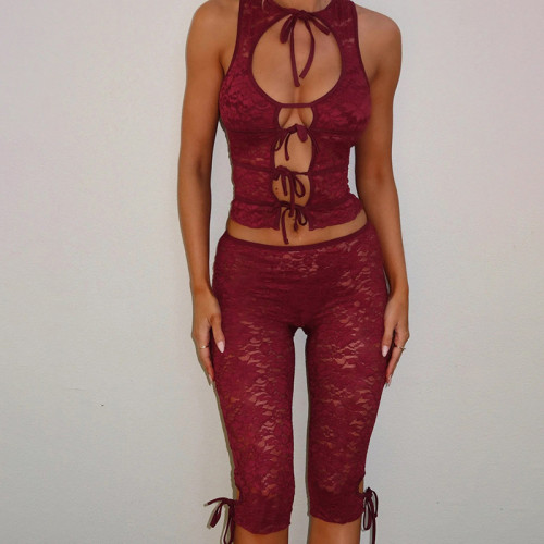 Low cut lace patchwork shorts set with lace straps