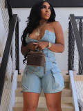 Strapless cardigan button up large pocket denim jumpsuit shorts