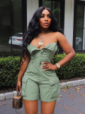 Strapless cardigan button up large pocket denim jumpsuit shorts