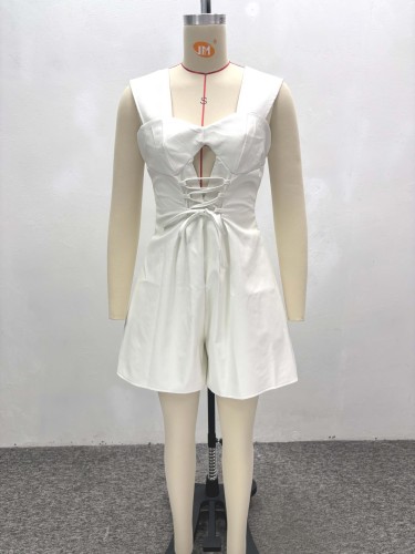Square collar backless strap short jumpsuit