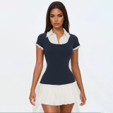 Collar shirt contrasting color pullover dress A-line pleated skirt