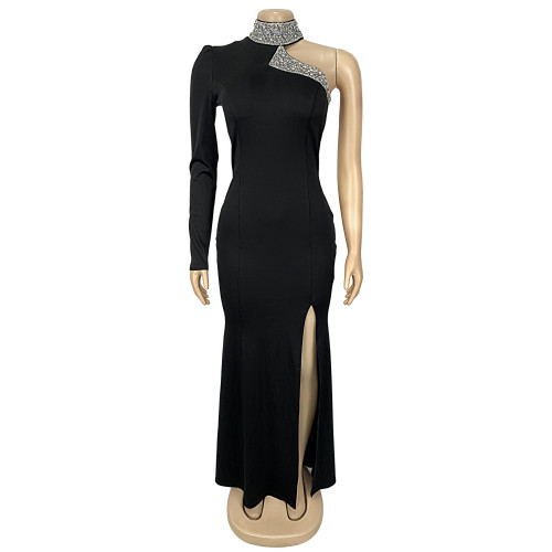 Off shoulder rhinestone front slit dress
