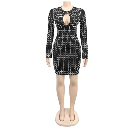 Backless short skirt with rhinestones, long sleeved dress