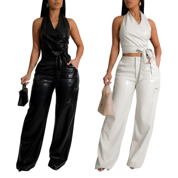 PU leather sleeveless hanging neck set, leather pants two-piece set