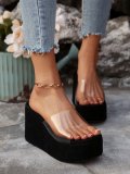 Transparent open toed thick sole with a straight stripe, wearing cool slippers outside