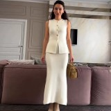 Solid color slim fit hip hugging two-piece knitted long skirt set