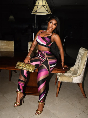Color blocking printed top, vest, pants set