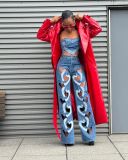 Elastic jeans with hollowed out embroidery and heart-shaped straight leg pants