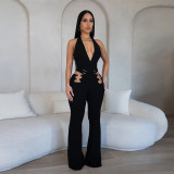 Deep V hollow metal buckle one-piece pants