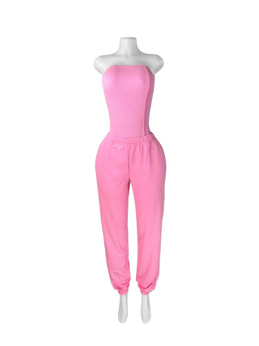 Washed, worn, strapless, slim fitting jumpsuit, loose fitting, foot binding two-piece set