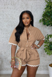 Lace cotton linen lapel tie waist cinching jumpsuit shorts