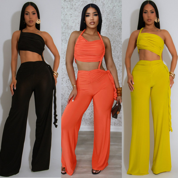 Hanging neck, strapless, pleated, tied rope wide leg jumpsuit