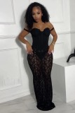 Strapless lace patchwork hollow jacquard micro transparent fishbone waist skirt set