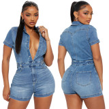 High stretch short sleeved denim jumpsuit