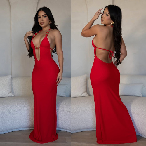 Deep V-neck beaded backless strapless long skirt dress