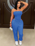Washed, worn, strapless, slim fitting jumpsuit, loose fitting, foot binding two-piece set