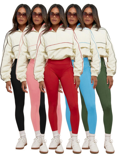Drawstring waist nylon top yoga pants two-piece set