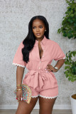 Lace cotton linen lapel tie waist cinching jumpsuit shorts