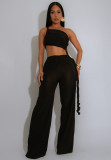 Hanging neck, strapless, pleated, tied rope wide leg jumpsuit