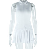 Solid color sleeveless lapel zipper pleated skirt