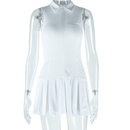 Solid color sleeveless lapel zipper pleated skirt