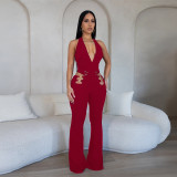 Deep V hollow metal buckle one-piece pants