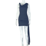Asymmetric hip hugging skirt with sloping shoulders and slim fit short dress