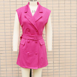 Suit collar sleeveless double breasted dress with waistband included