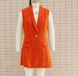 Medium to long vest cardigan with a lapel collar, professional suit jacket