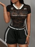 Color blocking V-neck pullover short sleeved two-piece set