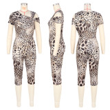 Irregular shoulder leopard print jumpsuit
