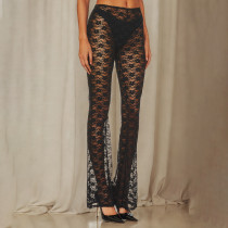 Horn wide leg pants, small floral lace pants, high elasticity see through pants