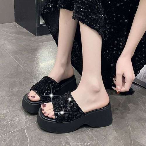 Thick bottomed sequined slope and waterproof platform anti slip slippers