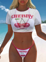 Printed top, mesh cover, split three piece swimsuit set