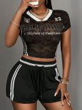 Color blocking V-neck pullover short sleeved two-piece set