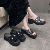 Thick bottomed sequined slope and waterproof platform anti slip slippers