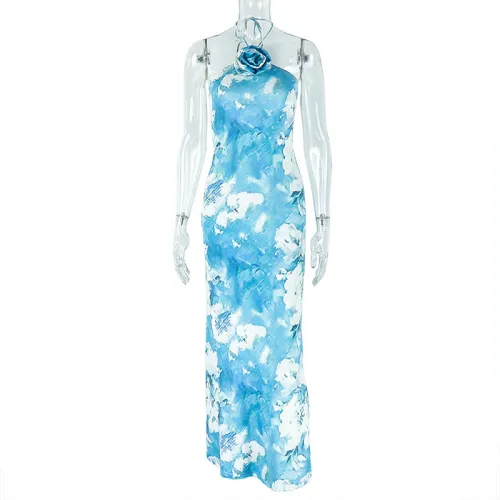 Backless hanging neck bag buttocks skirt abstract printed long dress