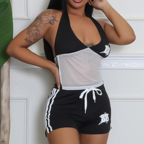 Open navel hollow contrasting color backless strap vest shorts two-piece set