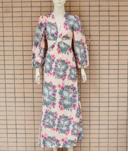 Printed long sleeved hollow dress