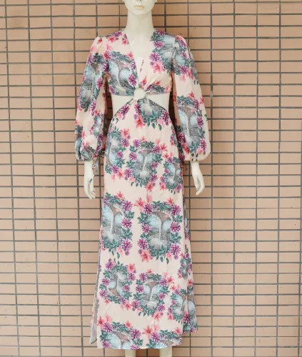 Printed long sleeved hollow dress